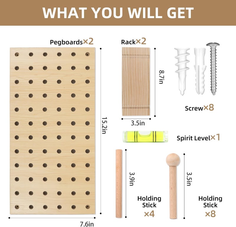 UMICAL Brown & Beige Wood Pegboard Modular Display Wooden Pegboard Combination Wall Organizer Storage Wall Hooks Shelf for Home, Office, Bathroom, Comes with 4 Pieces Pegboards - Image 4